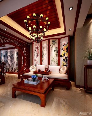 中式客厅木质吊顶装修效果图片