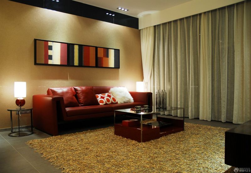 现代简约客厅纯色窗帘装修效果图片