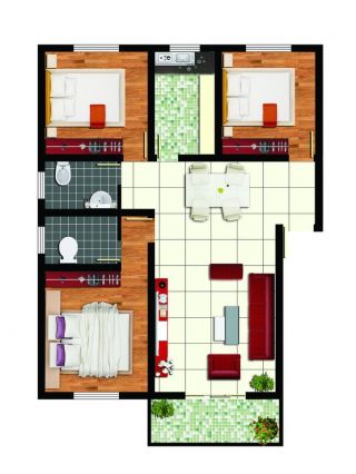 现代70平米小户型三室两厅设计平面图