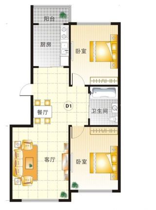 60平米小户型两室两厅一卫装修设计平面图