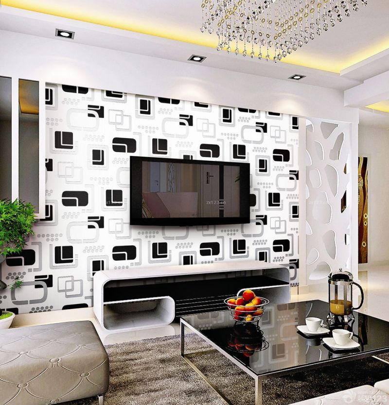 60平米两室一厅小户型黑白电视背景墙装修效果图