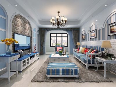 奥林清华小区-126㎡-地中海风效果图