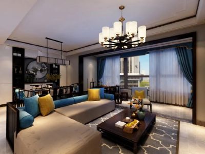 中港城128平米现代中式风格三居室装修案例