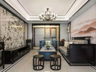 依岸康堤花园-123㎡-新中式风效果图